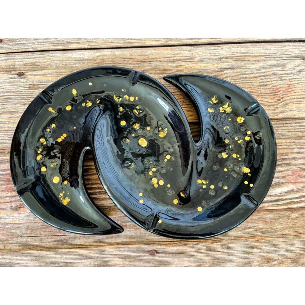 Vintage MCM Black/Gold Ceramic HUGE ashtray Boomerang Atomic  14x9"